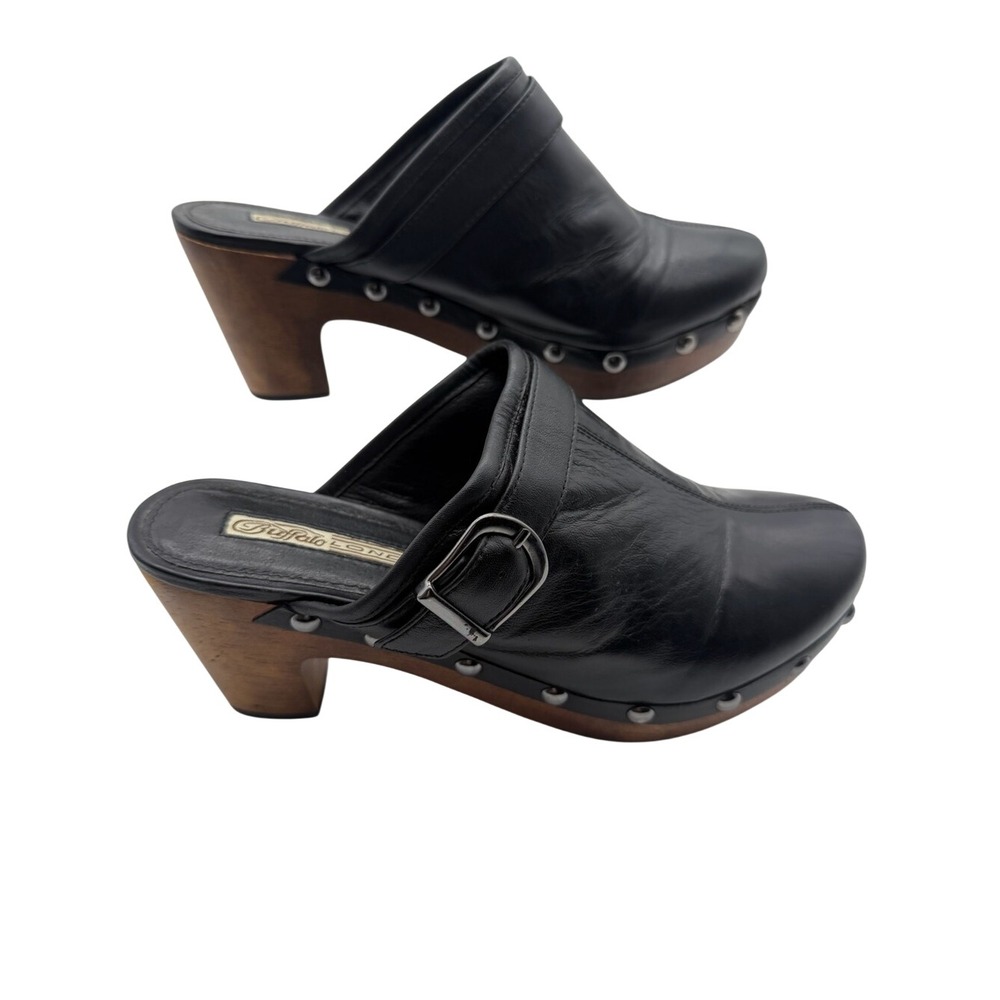 Buffalo London Black Leather Studded Wood Slip On Clog Mule Size 38